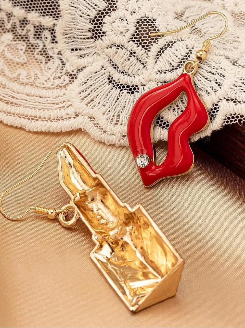 Anthropologie Red Lipstick & Lip Charm Mismatched Drop Earrings